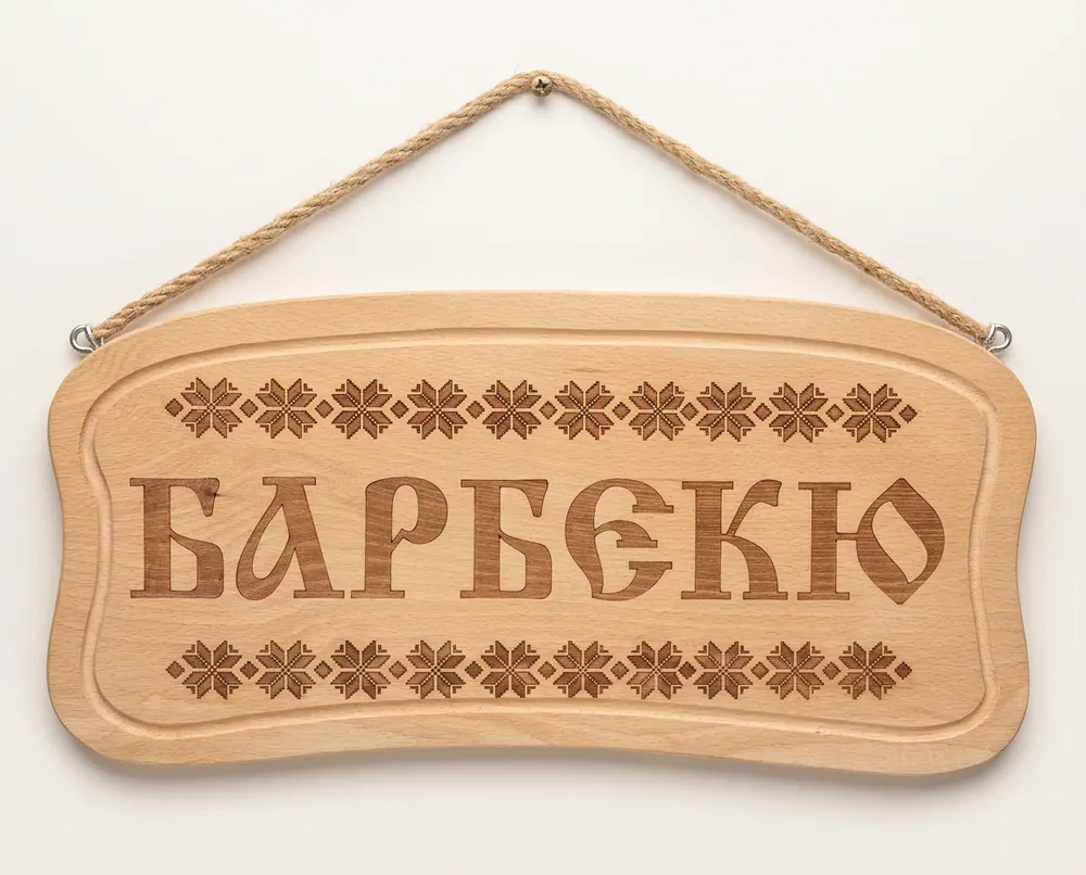 Дървена табела „Барбекю“ с българска шевица — ръчно изработено изделие от Чичо Митко шоу